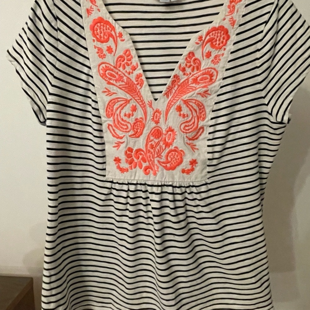 Boden Black and White Striped Top with Coral Embroidery